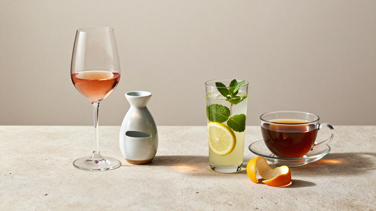 A still life of race-weekend drink pairings including wine, citrus refreshment, and tea.