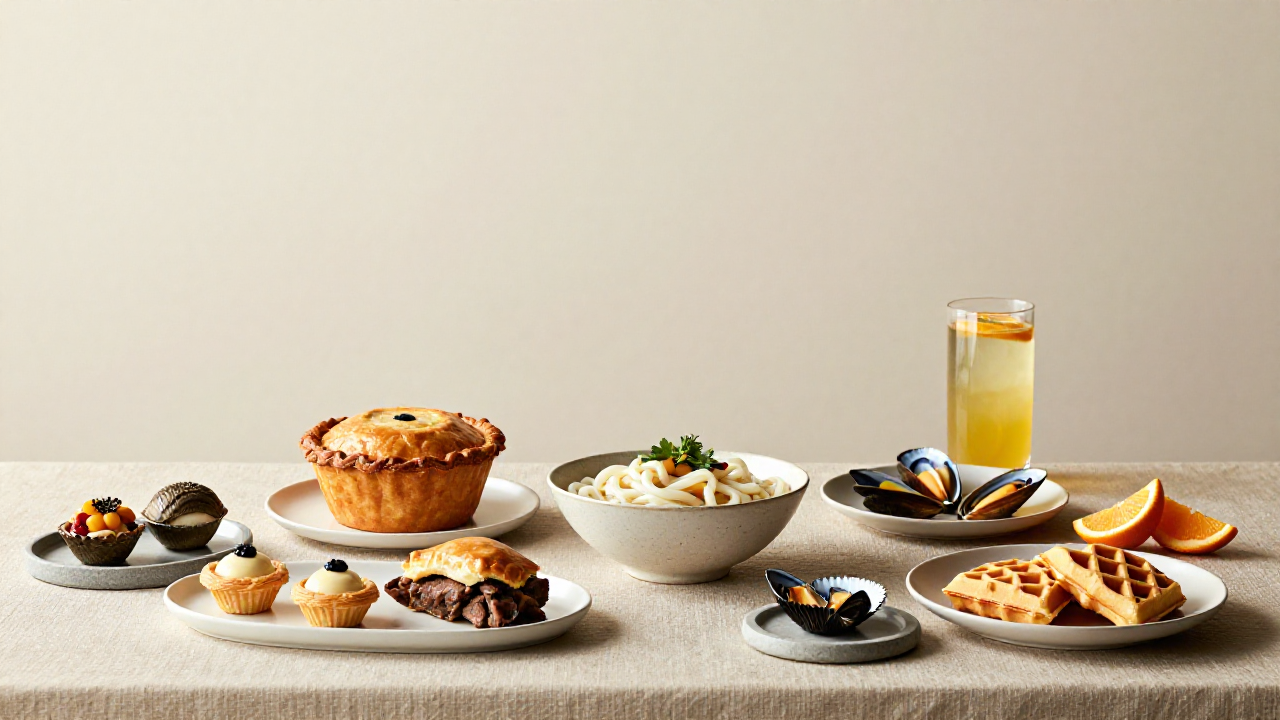 A race-weekend table spread with pastries, noodles, shellfish, waffles, and a citrus drink.